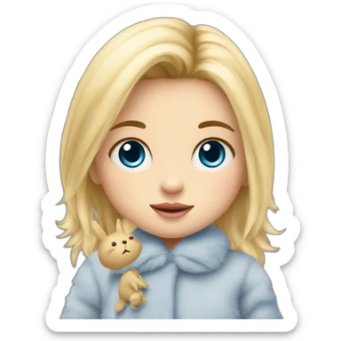 bébé fille blonde décoiffée aux yeux bleus avec une peluche Totoro  sticker