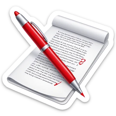 Create an emoji representing editing and proofreading. The design should feature an open document or manuscript with visible text and proofreading marks (such as red underlines or corrections). A red pen or pencil should be placed near the document, symbolizing the act of making edits. Optionally, include a magnifying glass to represent careful review. Use neutral and professional colors like white, black, and red accents to highlight the editing process. Do not include any emojis or smiley faces. Make the background transparent. sticker