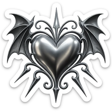 Add gothic bat wings to the black gothic heart with metallic spikes in chrome 3D style, no background. sticker