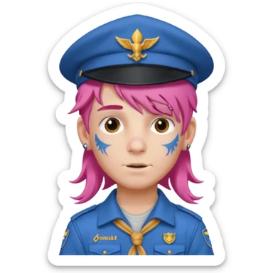 scout boy long hair face tatooes pink haired, wearing blue uniform with hat sticker