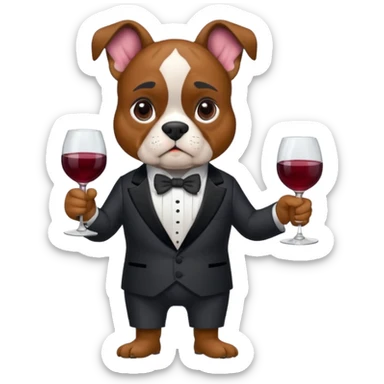 Ein kleiner, stämmiger Boxer mit kurzem, faltigem Gesicht und sehr großen, seitlich abstehenden Ohren. Er hat kurzes dunkelgrau-schwarzes Fell mit hellbraunen Abzeichen über den Augen, an Wangen und Beinen sowie etwas hellerem Kinn, with red wine glass sticker
