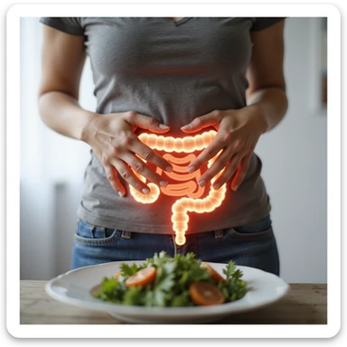 adult woman, photorealistic, on a diet for intestinal problems, hands on abdomen, intestine highlighted in transparency, painful expression, healthy food plate in front, natural light, kitchen background sticker
