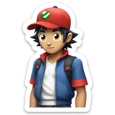 ASH ketchum, pokemon trainer with his spiky black hair showing from beneath his signature red and white baseball cap.  sticker