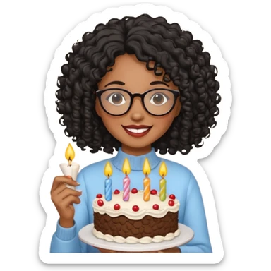 A Black woman with curly black hair and glasses holding a birthday cake sticker