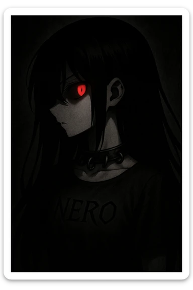 In a shadowy void, a mysterious anime girl with black hair covering her face turns right. Her left eye glows crimson, radiating menace. She wears a dark leather necklace with metal rings, and 'NERO' is engraved in sharp black script on her dress. sticker