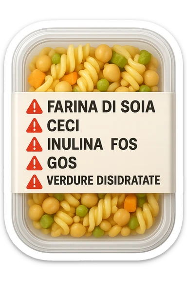 SU QUESTO STILE FAI UN EMOJI STILE IPHONE 3D DI UN insalata di pasta precotta preconfezionata con ETICHETTA CON GLI INGREDIENTI SCRITTI, "farina di soia, ceci, inulina, FOS, GOS, verdure disidratate" accanto ad ogni nome scritto mettici un segnale di allarme, FALLO MOLTO REALISTICO IN 3D sticker