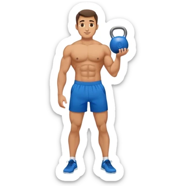 fit man with blue shorts holding kettlebell sticker
