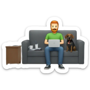a man with a red beard sits working on a computer on the sofa with a black Labrador sticker