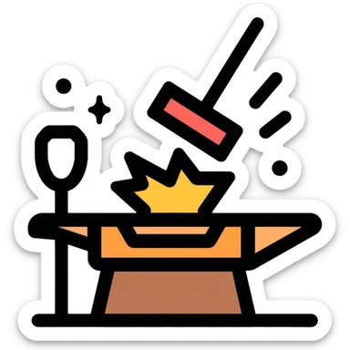 Blacksmithing icon, forged metal piece being shaped with hammer and anvil, glowing red-hot metal, blacksmith tools like tongs and chisel, sparks flying, minimalistic style, clean lines sticker