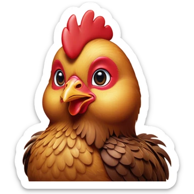 Cinematic Cute Brown Chicken Portrait Emoji, Head tilted playfully and inquisitively, featuring a lustrous brown feathered coat with a natural sheen and a subtle red comb, round, sparkling beady eyes filled with curiosity, Simplified yet irresistibly adorable features, highly detailed, glowing with a warm, friendly glow, high shine, affectionate and lively, stylized with a touch of country charm, bright and endearing, soft glowing outline, capturing the essence of a mischievous yet loving chicken, so playful it feels like it could peck out of the screen and into your arms! sticker