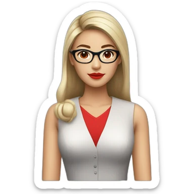 Young woman asiatic teacher, red glasses, red lipstick, red dress, black eyes, black square hairs  sticker
