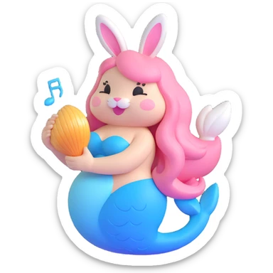 3D iOS-style bunny mermaid with pastel pink and blue tail, holding seashell emitting musical notes, soft chubby bunny, shiny smooth finish, playful magical vibe sticker