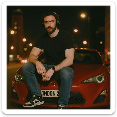 Grunge-style analog photo, London 2025, person inspired by the reference image sitting on the hood of a Nissan GT 86, model pose, black t-shirt, jeans, Nike Air Jordan low, using flash, city lights, analog grain, 2/8. sticker