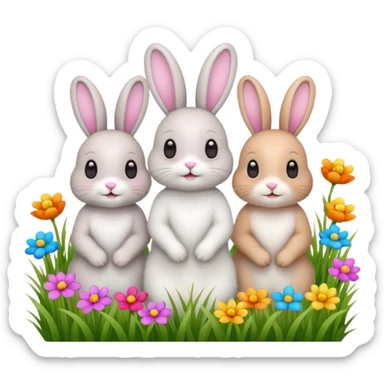 realistic 3 Bunny's standing in grass field with flowers happy looking foward sticker