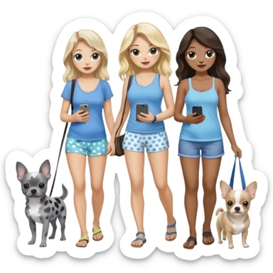 Three pretty women in beach clothes one walking a blue and gray spotted Merle Frenchie, one walking a black chihuahua puppy, one holding iPhone, hazel eyed light skin with dark blonde long hair and light light skin hazel eyed long wavy brown hair, blue eyed light skin long blonde hair  sticker