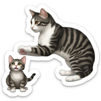 Black mackerel tabby cat playing with a rat sticker