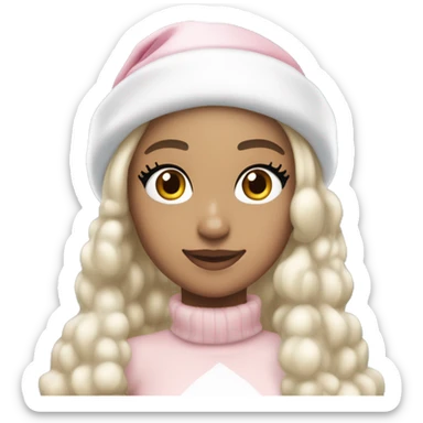 Ariana grande in a light pink christmas outfit wearing a light pink and white christmas hat with short light cold blonde hair sticker