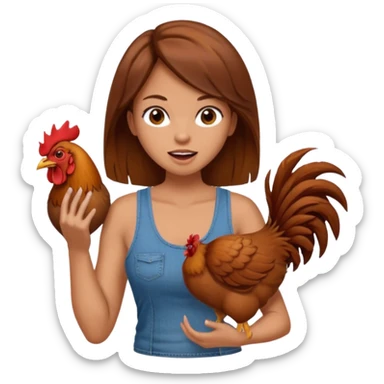 Kneeling Brown hair very large boob Woman open mouth tank top, wearing jeans touching one rooster sticker