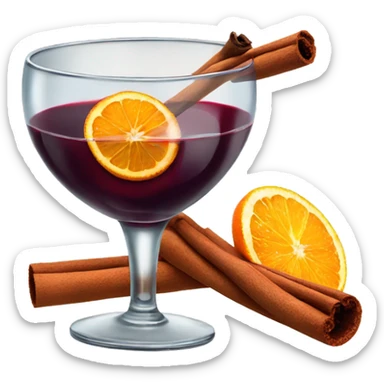 A martini glas filled with red wine, a cinnamon stick and a slice of orange sticker