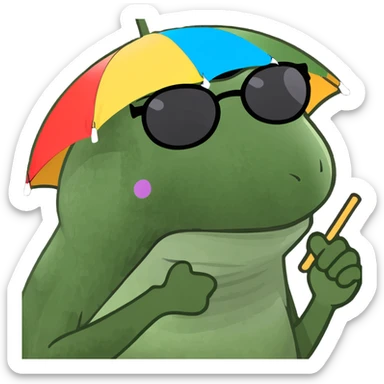 Make this frog look even more like the classic Bufo meme: green, wide-eyed, with the signature Bufo face, wearing a rainbow umbrella hat, round sunglasses, and holding a pink cocktail, in bufo style, no background. sticker