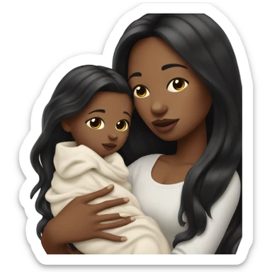 Pale girl with long black hair is holding a pale newborn baby sticker