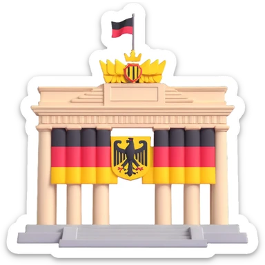 Add more German symbolism to the universal character in 3D style, including the German coat of arms, flag, and possibly the silhouette of the Brandenburg Gate or other recognizable German elements. Keep the 3D style and transparent background. sticker