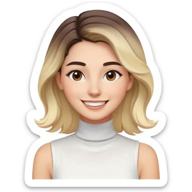 Mujer joven caucasian, cara alargada, cejas suaves, pelo marron oscuro ondulado con puntas rubias, raya al lado. Sonrisa amplia, expresión alegre. Turtle neck white shirt sin mangas. Ombre hair.  sticker