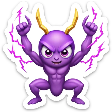 cute purple bug with big expressive eyes, strong muscular arms, a fun happy expression, and electric lightning bolt arms sticker