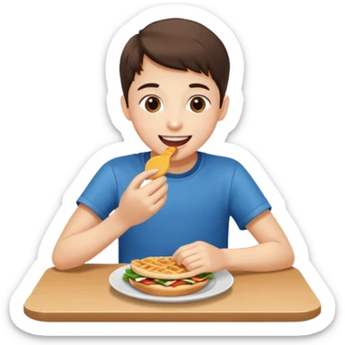 middle school student taking a bite of food, sitting at a table, cheerful sticker