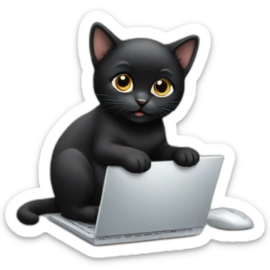 Cute black kitten typing on a computer sticker