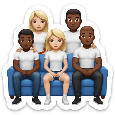 White girl sitting on couch with five muscular black men in white tshirts around her sticker