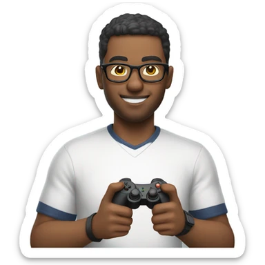 A guy with glasses holding a joystick in his hand sticker
