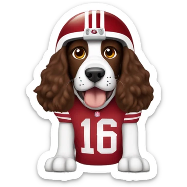 brown springer spaniel wearing 49ers football helmet and holding football sticker
