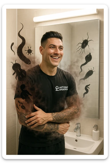 a man stands in a brightly lit bathroom, looking relieved and revitalized as he examines his reflection in the mirror. In the foreground, stylized, shadowy images of parasites (such as worms or protozoa) are shown leaving his body, dissolving into mist or fading away. His posture is upright and his expression is one of newfound energy and health. sticker