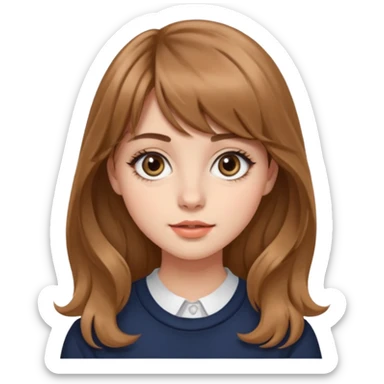 24세 광고홍보전공하는 대학생 여자, 앞머리가 있는 회갈색의 긴 웨이브 머리, 같은 회갈색 컬러의 눈썹,  큰 눈에 아이라인이 그려져있고 동그란 코에 적당한 입술 두깨, 시크한 표정 sticker