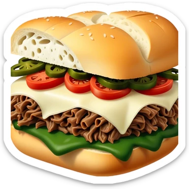 Chicago Italian cheesy beef sandwich. Italian bread, shredded beef, white provolone cheese, green peppers. sticker
