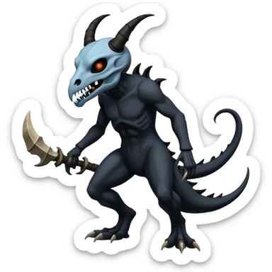 Shiny Dark Edgy  Duskull-Salandit-Inteleon-Amaura-Fakémon-hybrid-creature (full body) with a horned animal-skull-mask sticker