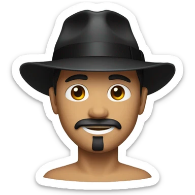 Man with bright red skin, black fedora and black goatee sticker