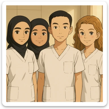 Four nursing students standing side by side indoors, each wearing a white short-sleeved uniform with a V-neck medical tunic, left chest pocket, no collar stand, no stethoscope, nothing protruding from the short sleeves, bright ambiance, no feet visible, in Ghibli style. sticker