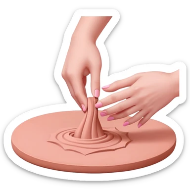 hands wedging a pink clay on a table, pressing and folding the clay sticker