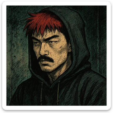Asian man with black mustache, red hair, black hoodie, gritty cyberpunk manga style, inspired by 90s Japanese comics, moody lighting sticker