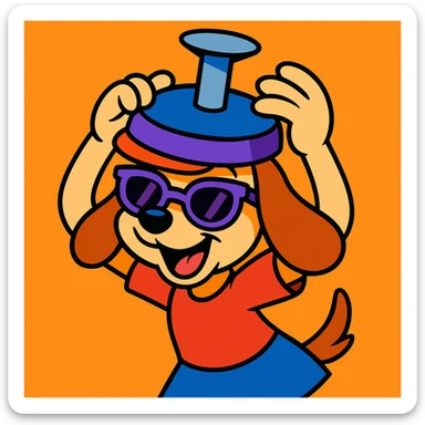 playful puppy girl character holding a nail-themed hat above her head, wearing half purple sunglasses, fun and expressive cartoon style sticker