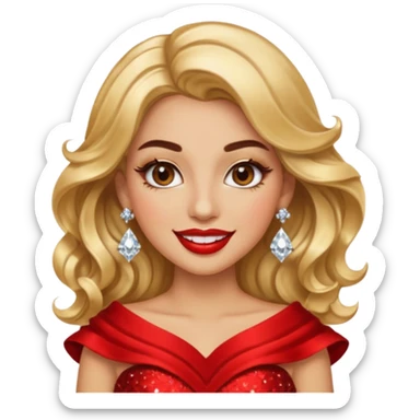 “Emoji girl, glamorous smile, shimmering gold eyeshadow, bold red lips, voluminous waves, dramatic lashes, wearing diamond earrings and gold gown.” sticker