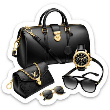 bag and watch, and glasses 1 specfic, all black and white put together like a bundle with no face, all luxury items like lv and prada, and rolex sticker