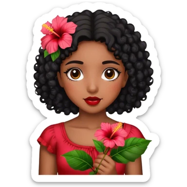 Girl with brown skin with black curly hair holding hibiscus flowers sticker