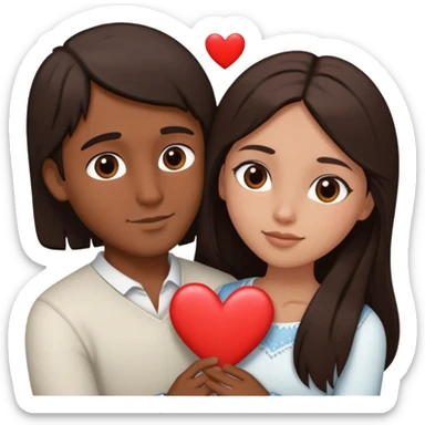 A couple embracing, man with mestizo brown skin and short straight dark brown hair, woman with fair skin and long dark brown hair, with white hearts around them sticker