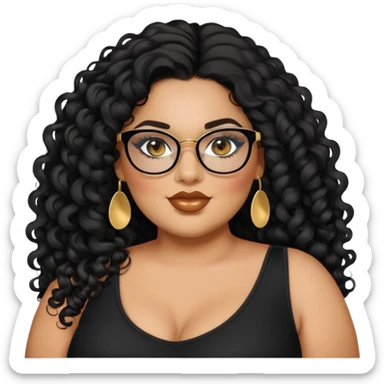 big plus size, latina, darker tan skin, long black curly hair, baddie,pretty, makeup, lipgloss, black eyeliner, long hair, small gold earrings, black top, black glasses sticker