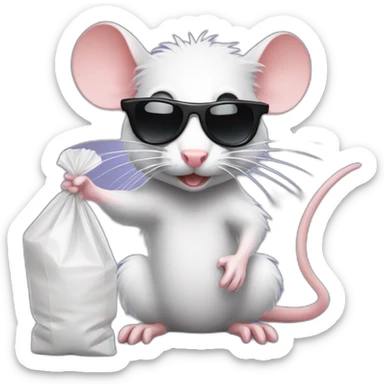 badass rat wearing sunglasses holding a small plastic bag of powdered sugar sticker