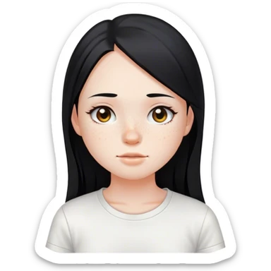 A teen girl with round face, freckles, long black straight hair, and pale skin sticker