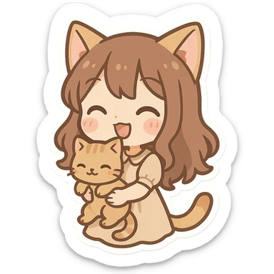 chibi stickers style cat girl holding a kitten, playful and cute sticker